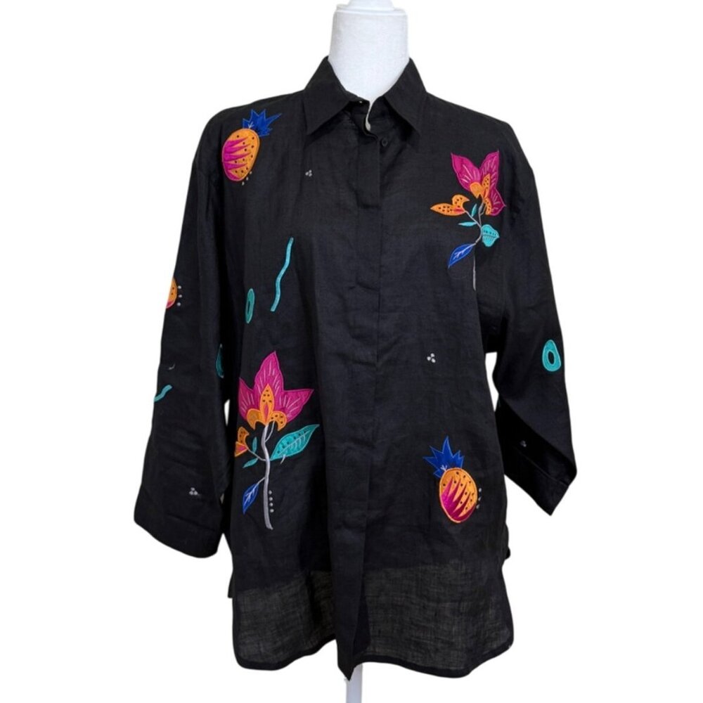 SUZELLE Womens Top Button Up Ramie Black Pink Tropical Embroidered Size 14